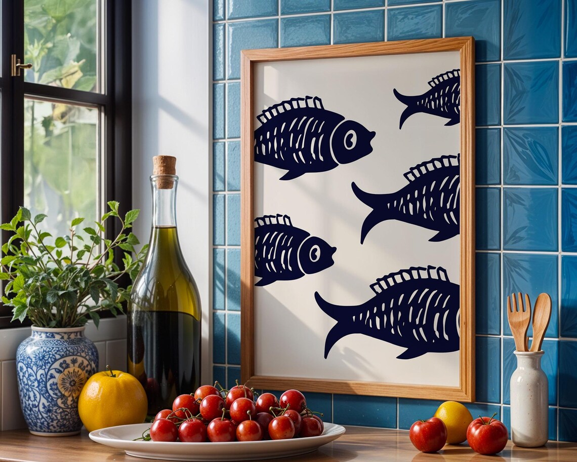 Blue Fish Art Kitchen Wall Art, Sardines Poster - Image 3