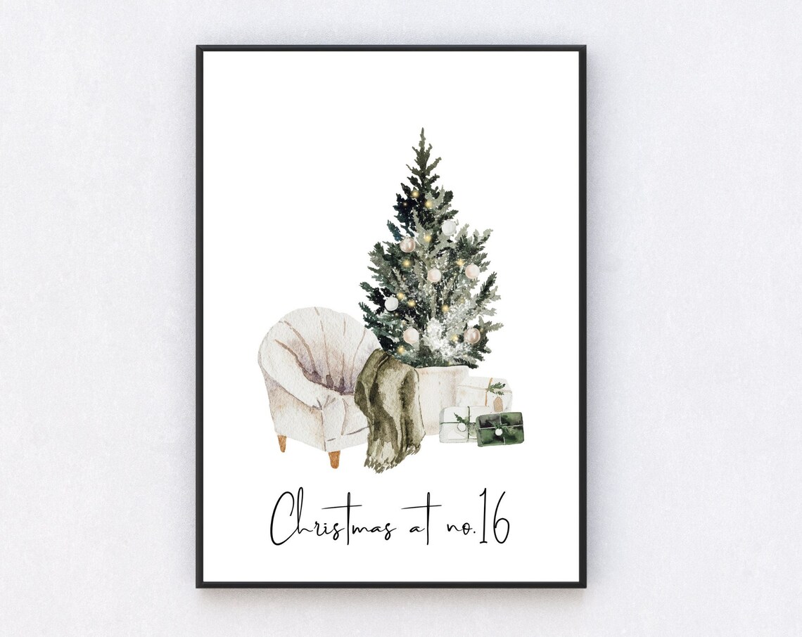 Christmas At No 16 Armchair Tree Gifts Watercolor Cozy Holiday Poster