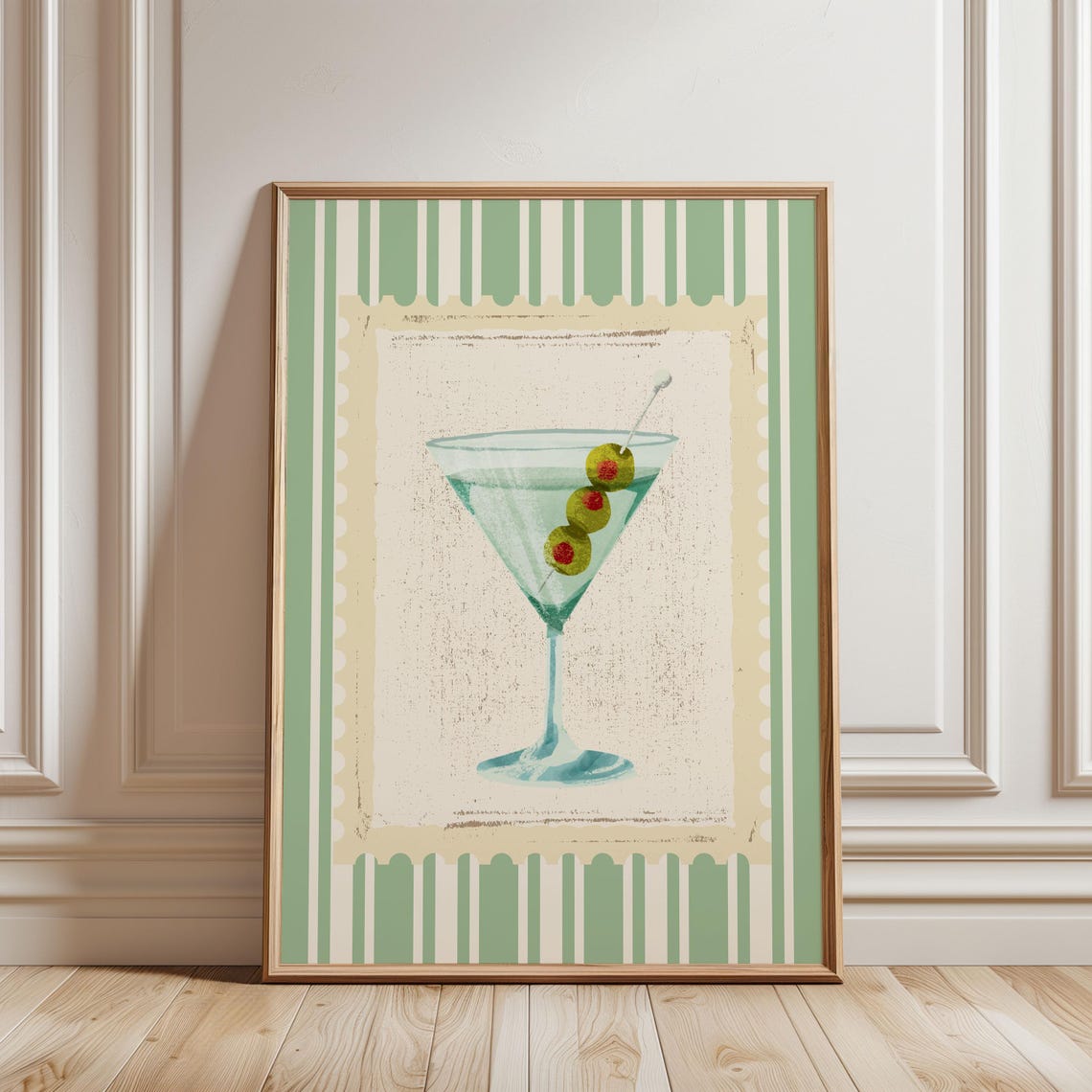 Martini Cocktail Poster With Green Olives Vintage Stamp Illustration