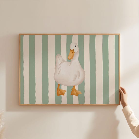 Duck Nursery Print Cute Animal Art Poster Landscape Saga Green Stripe Line Pattern For Kids Home Baby Room Decor