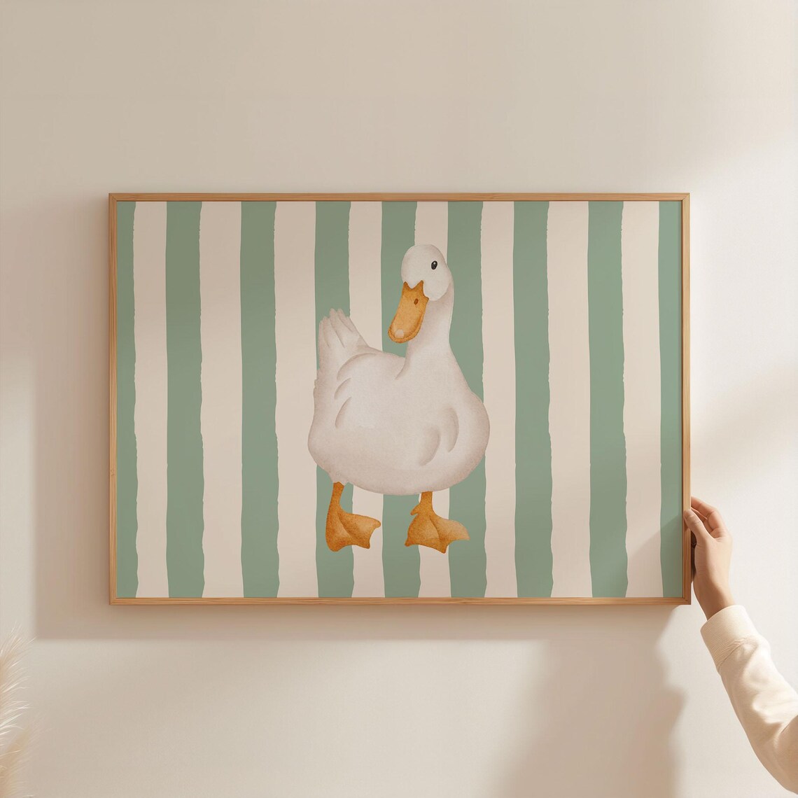Cute Duck Nursery Watercolor Sage Green Stripes Baby Animal Poster