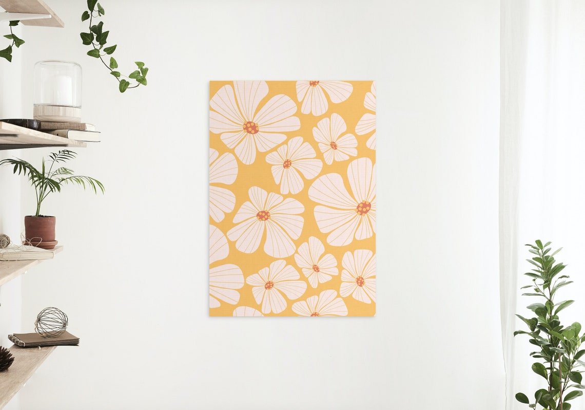Sunny Yellow Floral Pattern White Daisy Retro Botanical Art Poster