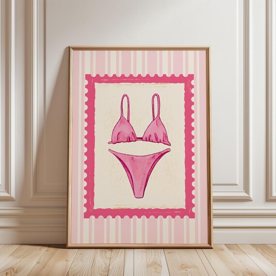Pink Bikini Watercolor Postage Stamp Coastal Summer Art Poster