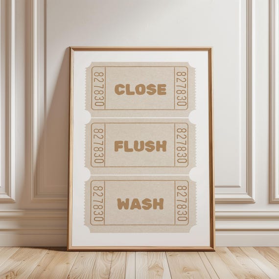 Close Flush Wash Funny Bathroom Toilet Rules Print Beige White Toile Retro Art Trendy Wall