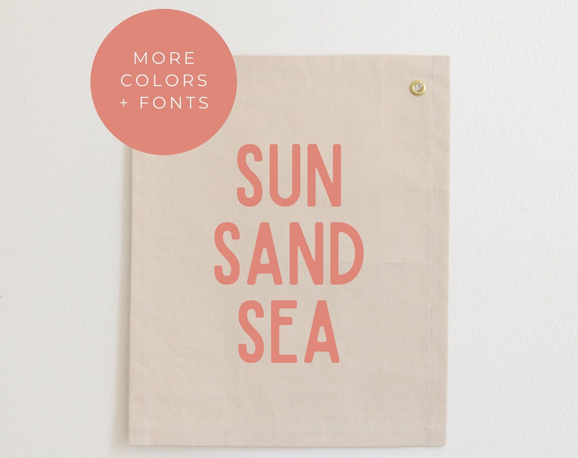 Sun Sand Sea Coral Block Letter Canvas Flag Wall Art for Girls Room