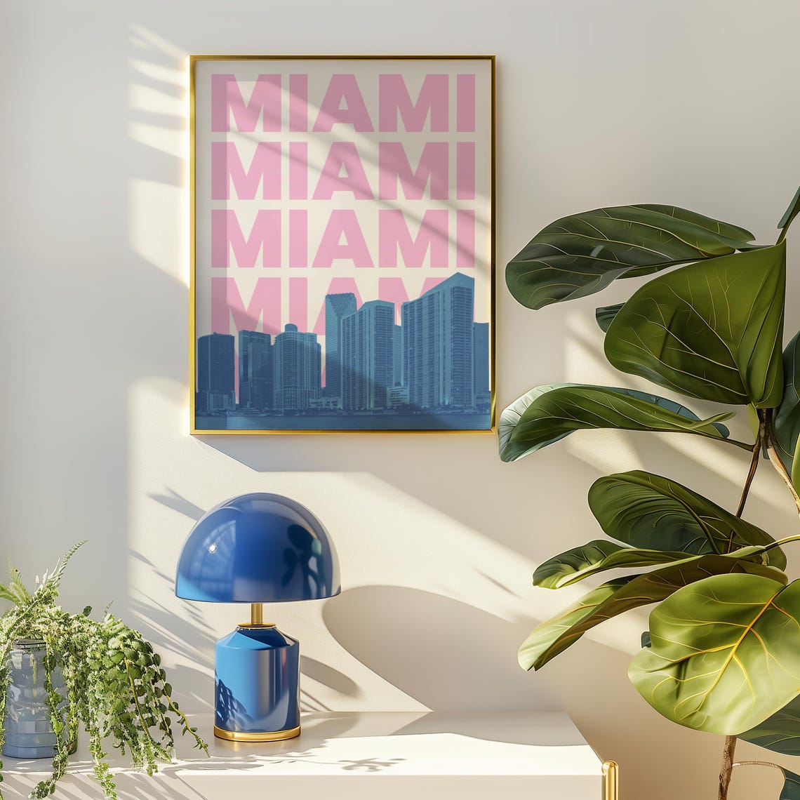 Miami Florida Pink Typography Skyline Travel Poster for Modern Decor