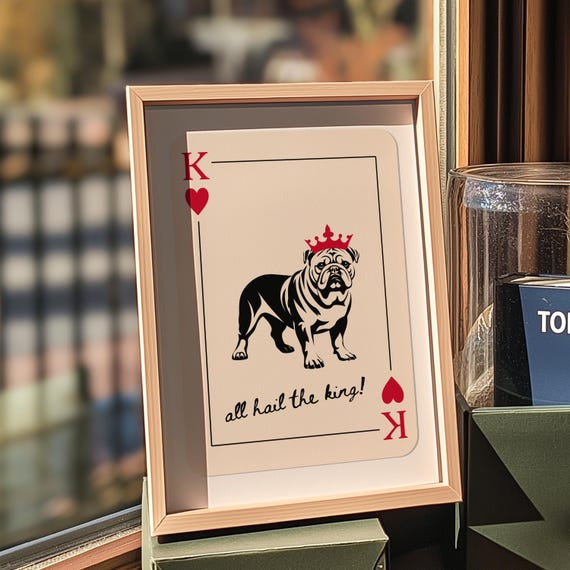 Bulldog Print Fun Dog Wall Art King Of Hearts Card Black And Red Retro Artwork Cute Trendy Dorm Decor