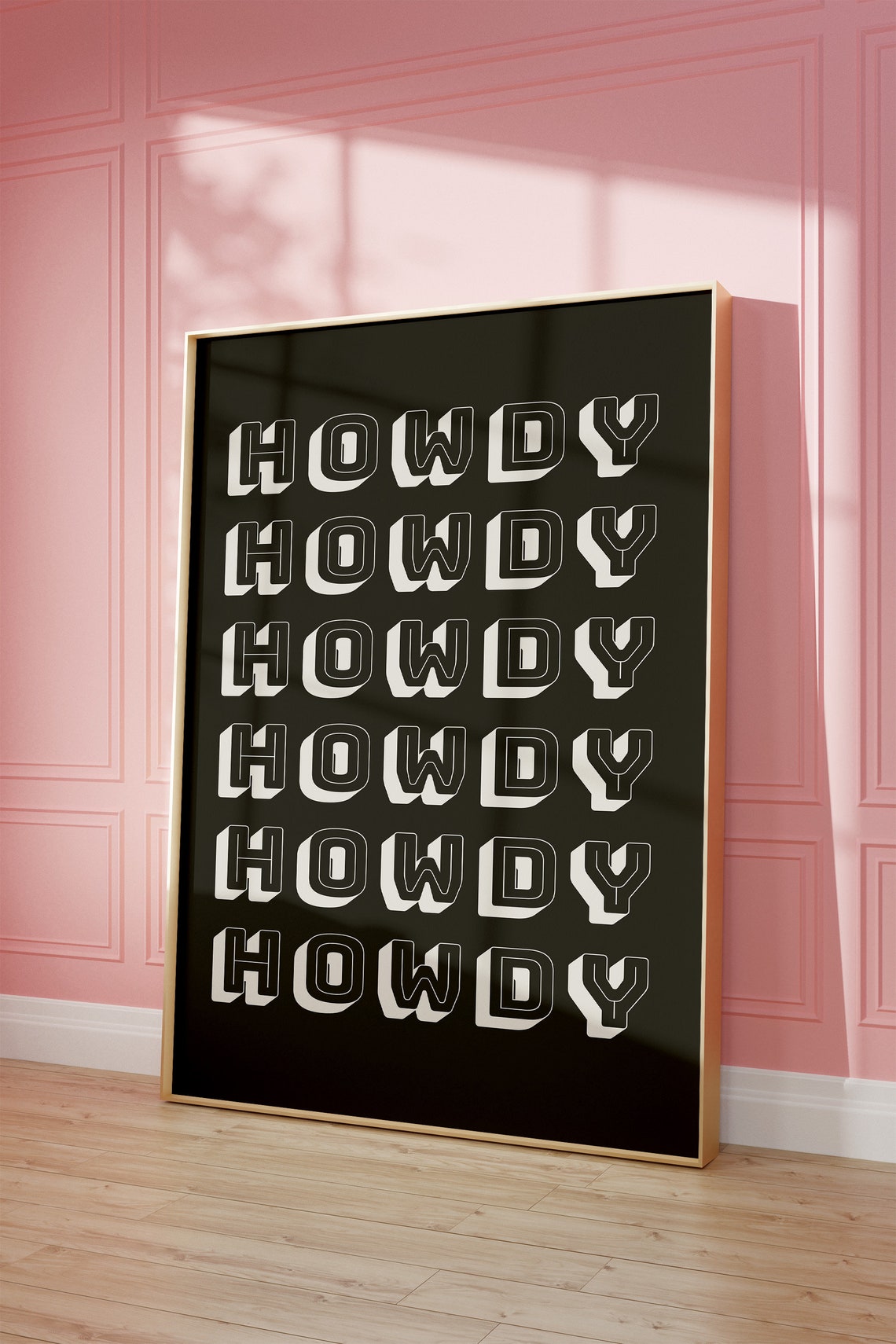 Howdy Repeated Cream On Black Western Typography Bold Wall Art - Image 2
