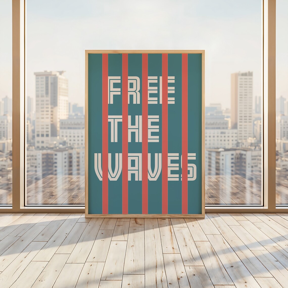 Free the Waves Bold Coral Stripes on Teal Retro Surf Art Poster - Image 2
