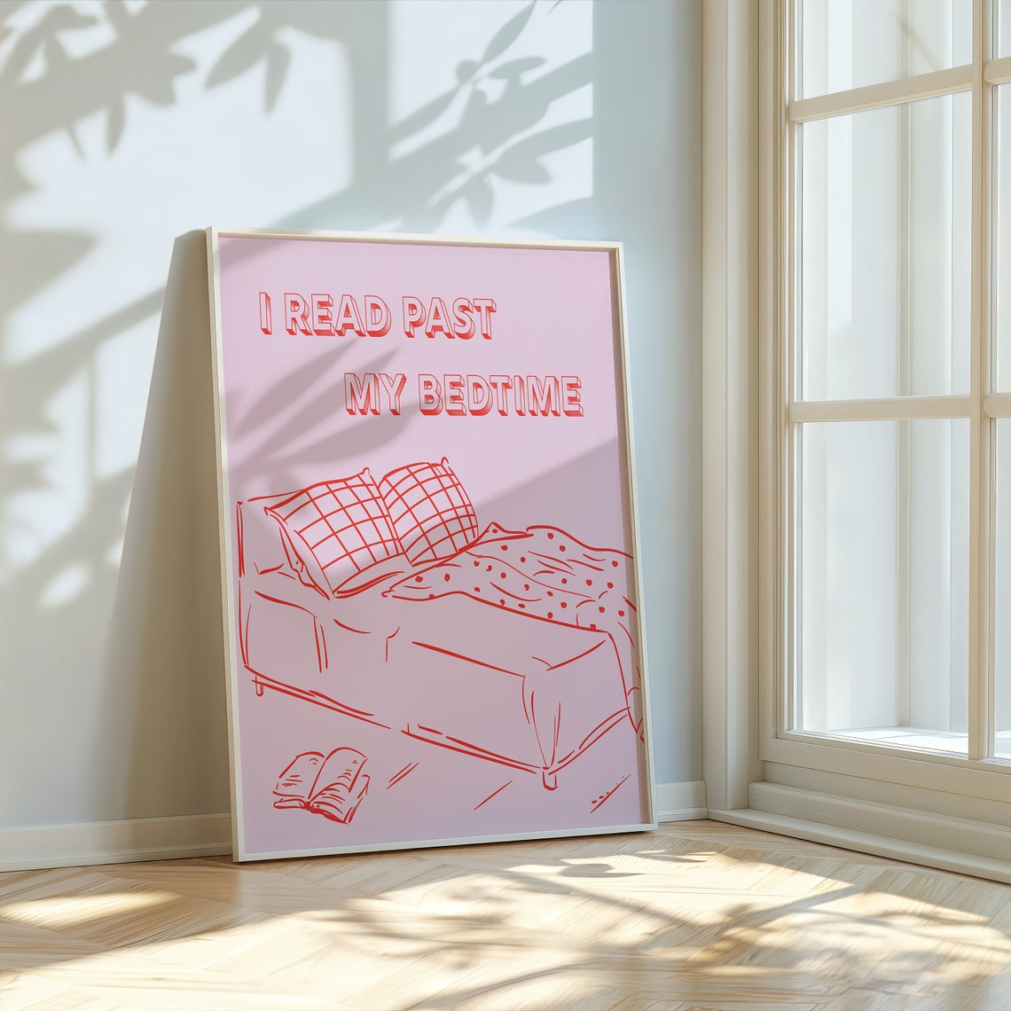 I Read Past My Bedtime Pink Red Cozy Bed Line Art Sketch Poster - Image 2