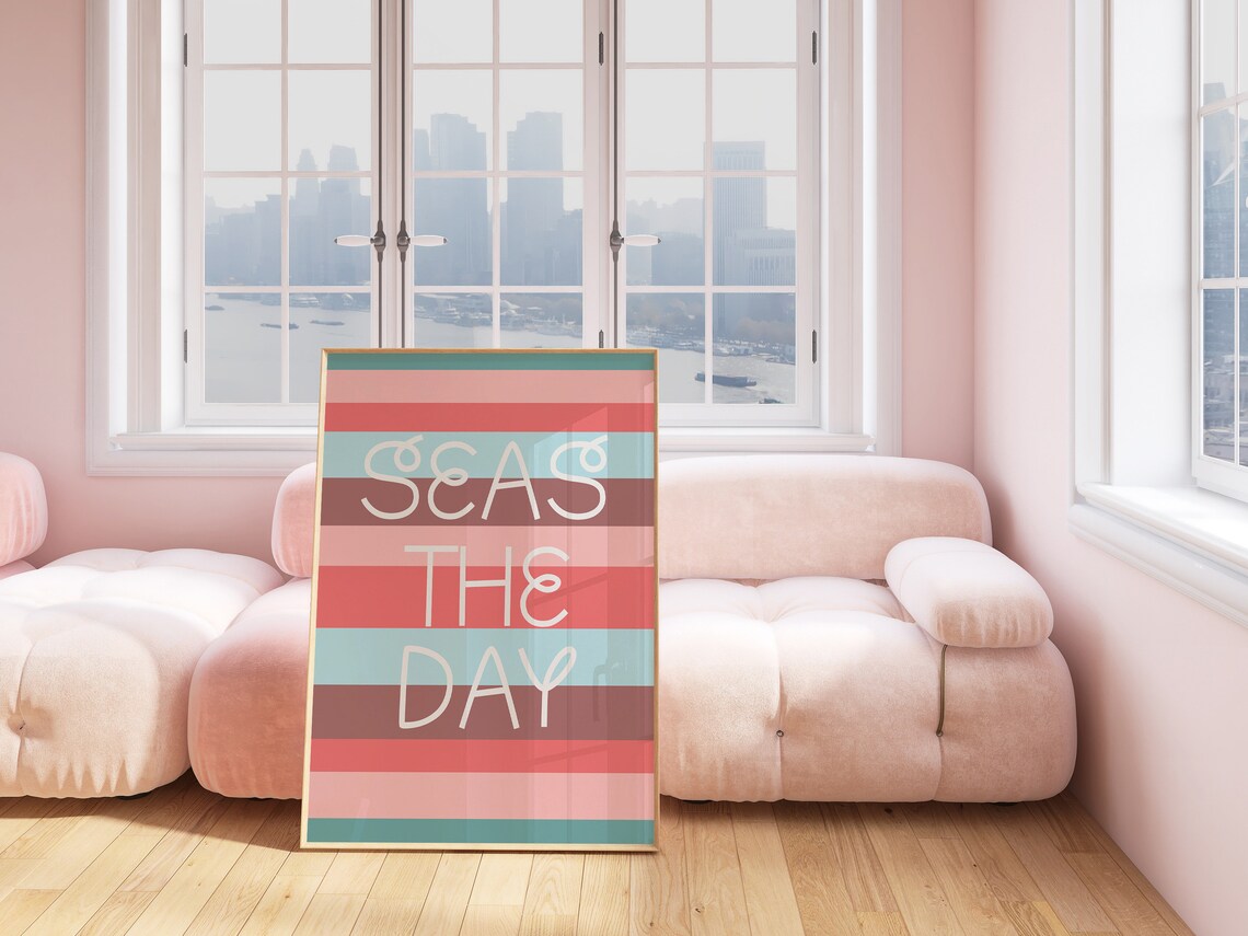 Seas The Day Bold Pastel Rainbow Striped Coastal Beach Quote Poster - Image 2