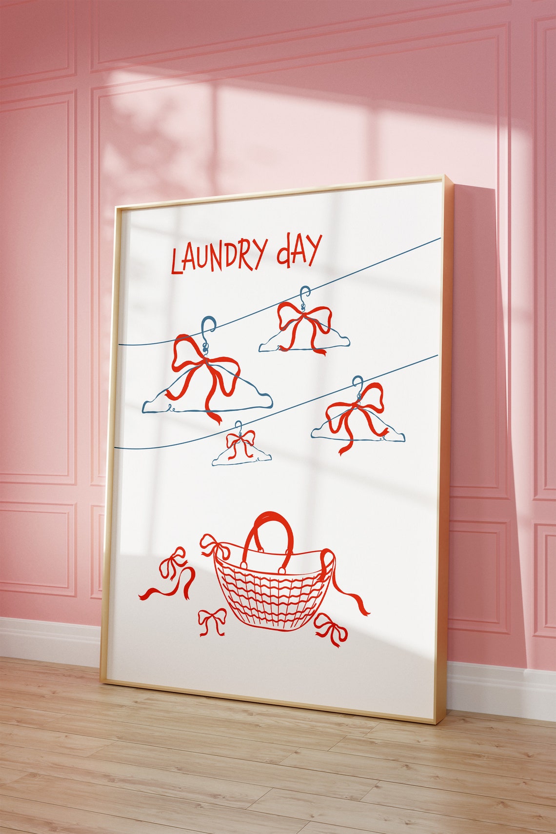 Laundry Day Red Bows Hangers Basket Playful White Room Poster