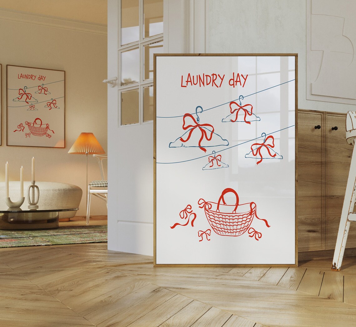 Laundry Day Red Bows Hangers Basket Playful White Room Poster - Image 3