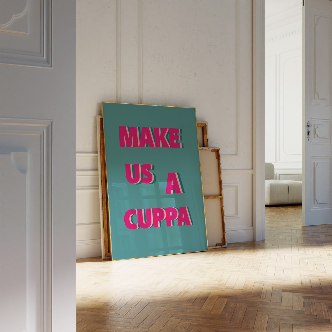 Make Us A Cuppa Hot Pink Block Letters On Teal Kitchen Poster - Image 2