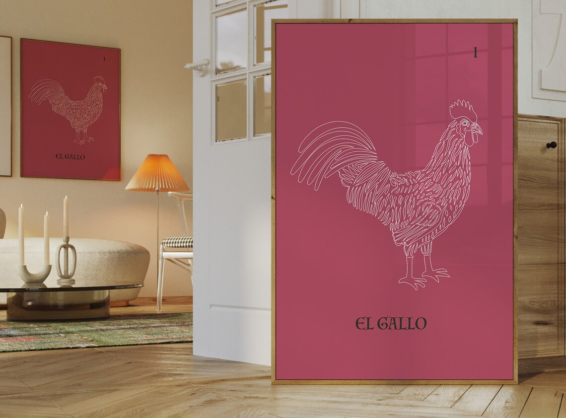 El Gallo Rooster Magenta Mexican Loteria Line Art Card Poster