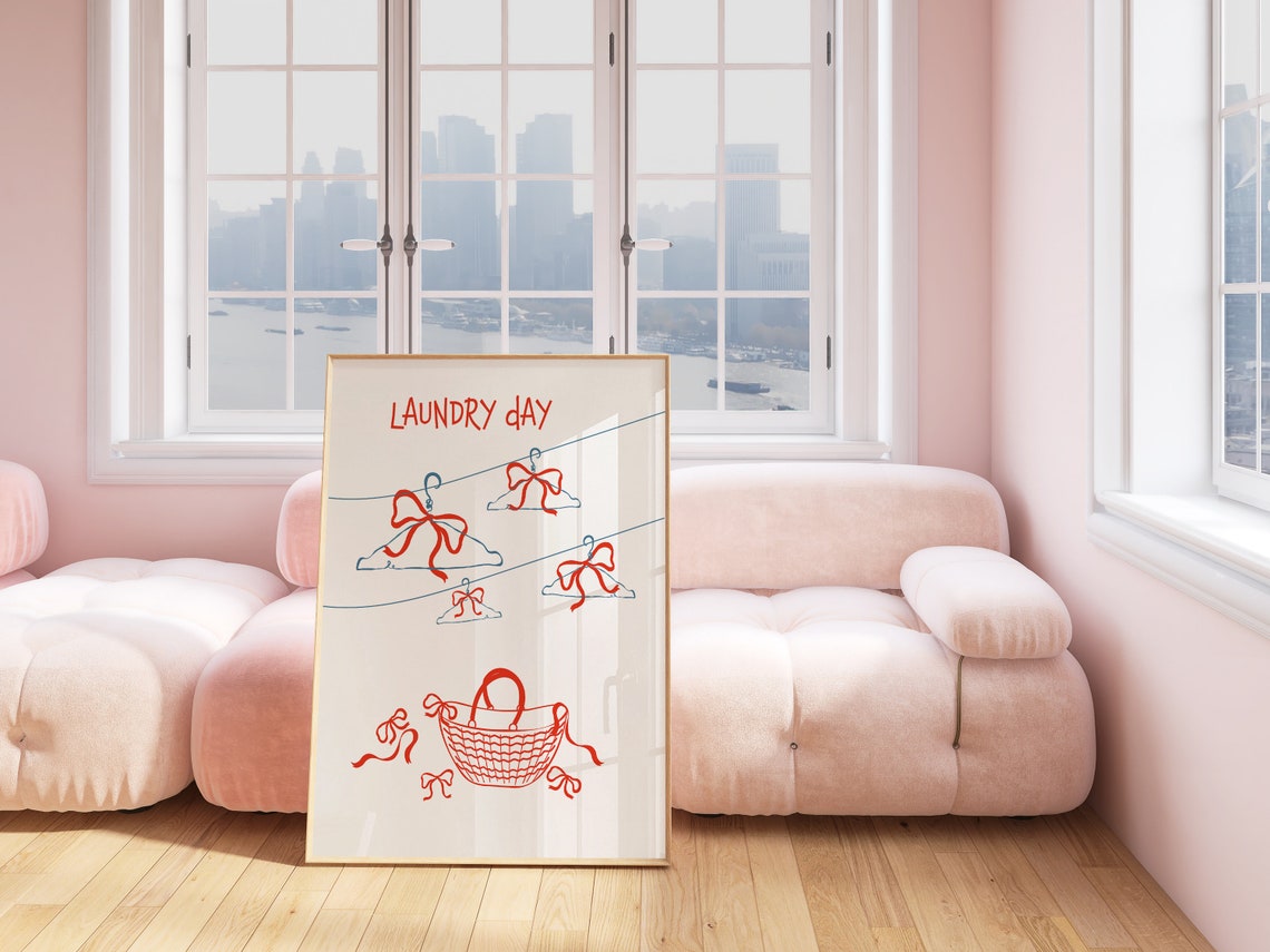 Laundry Day Red Bows Hangers Basket Playful White Room Poster - Image 2