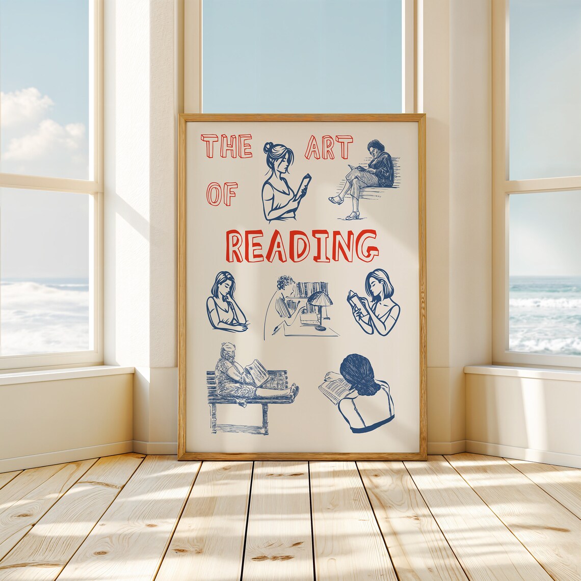 The Art of Reading Women Readers Blue Ink Sketch Gift Poster - Image 2