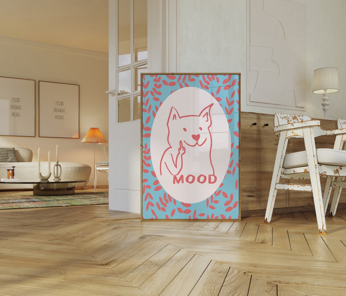 Mood Funny Cat Line Drawing Coral Floral Teal Background Print - Image 3