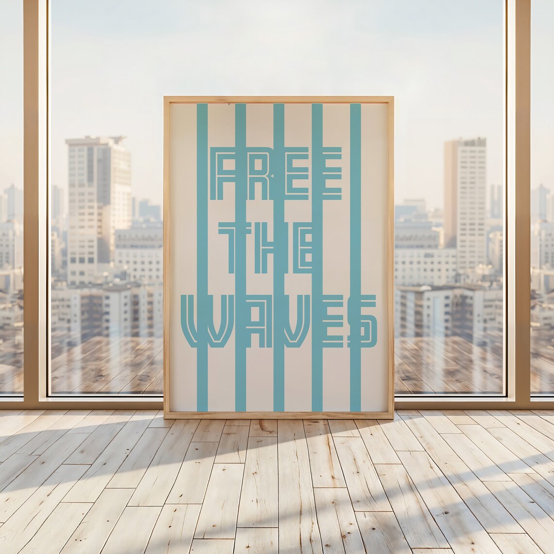 Free The Waves Bold Blue Striped Minimal Surf Ocean Quote Poster - Image 2