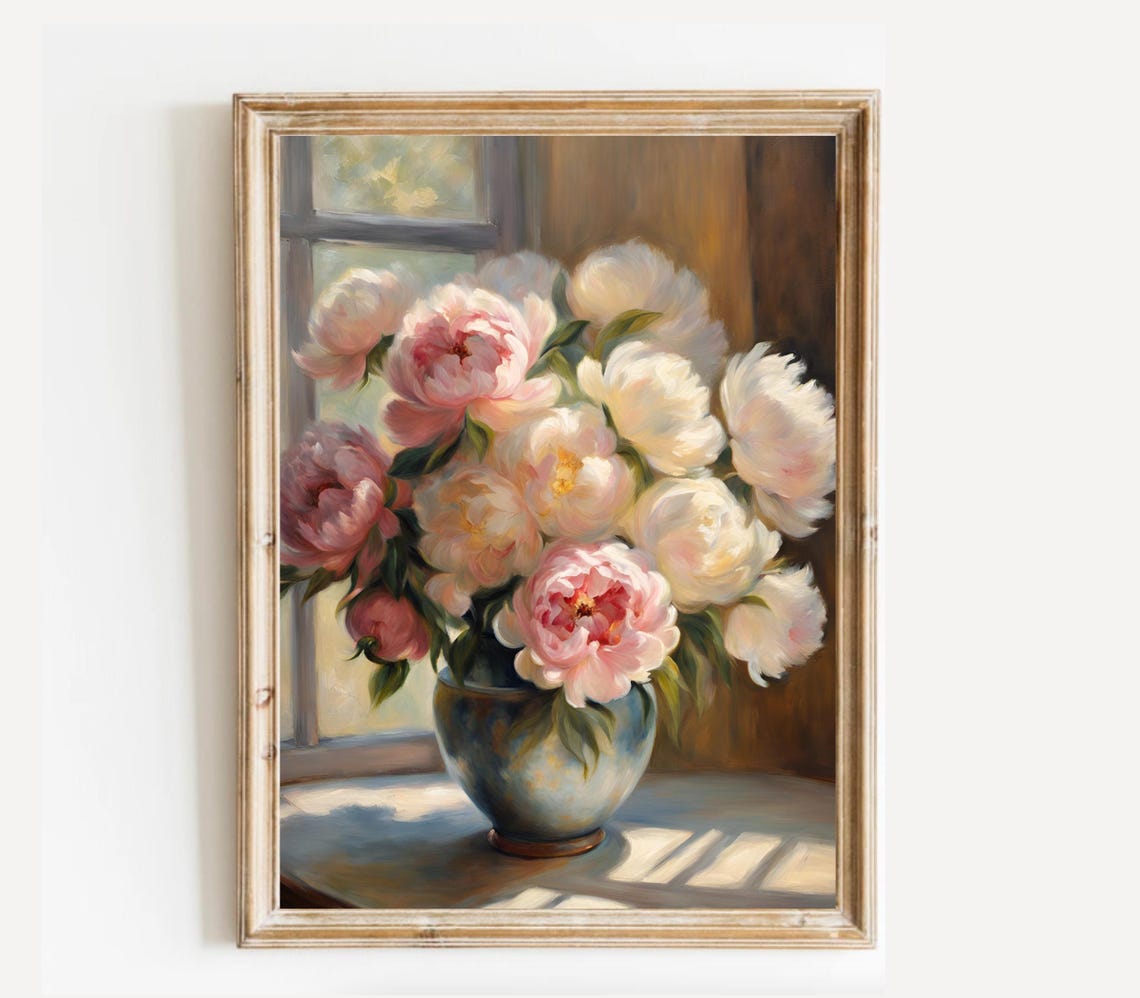 Soft Blushing Pink And White Peonies Bouquet By Window Poster