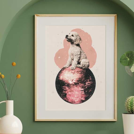 Goldendoodle Puppy Sitting on a Disco Ball Retro 70s Style Poster