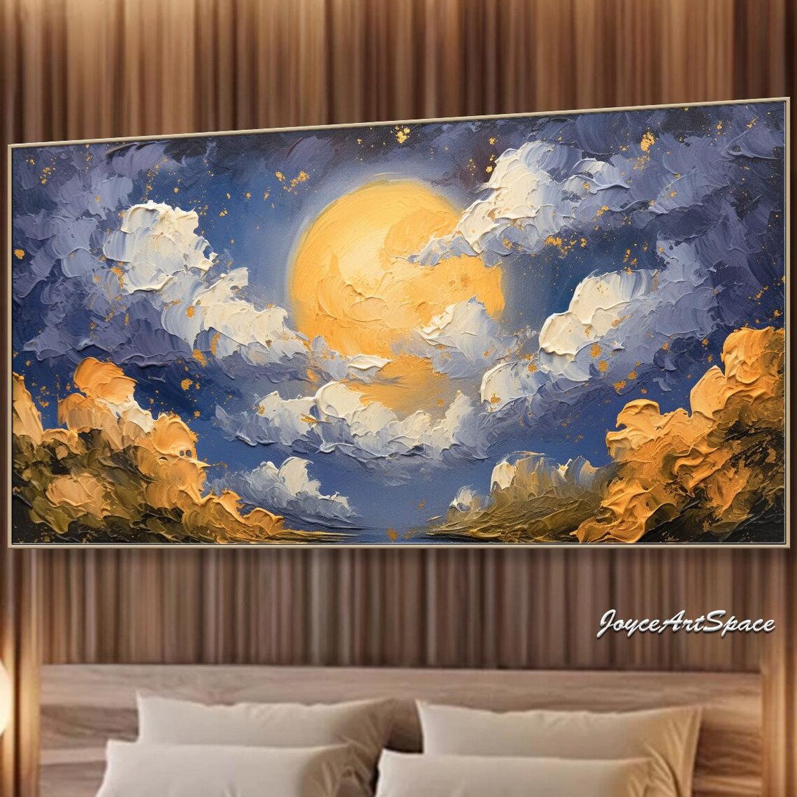 Golden Moonlit Starry Night Clouds Abstract 3D Impasto Wall Art