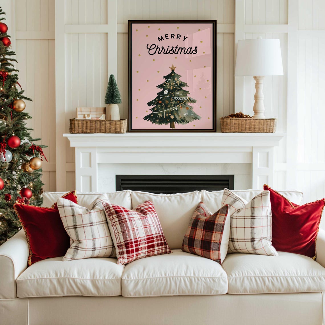 Playful Black Merry Christmas Script Pink Watercolor Tree Poster - Image 4