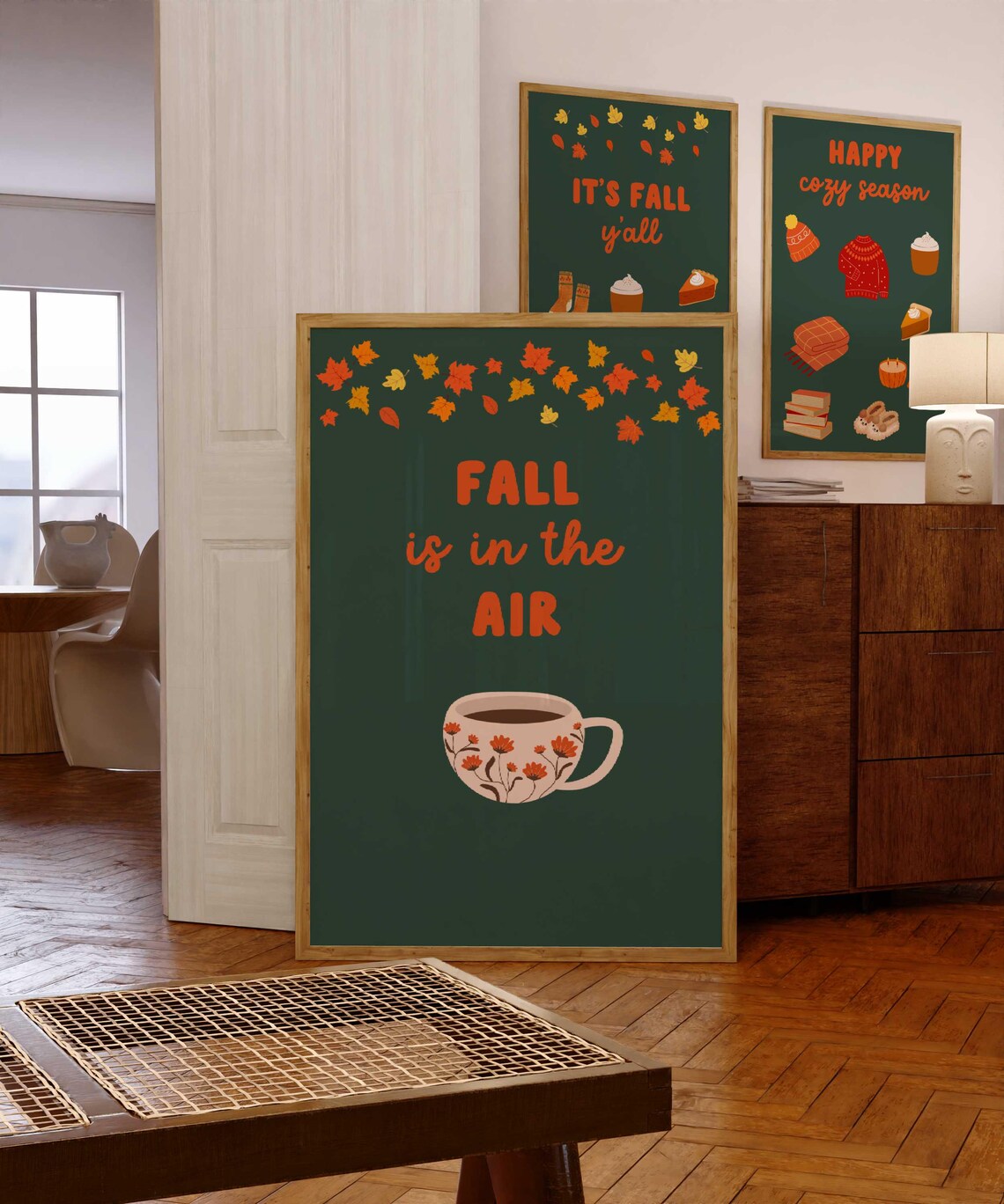 Fall Is In The Air Floral Coffee Cup Autumn Leaves Green Poster - Image 2