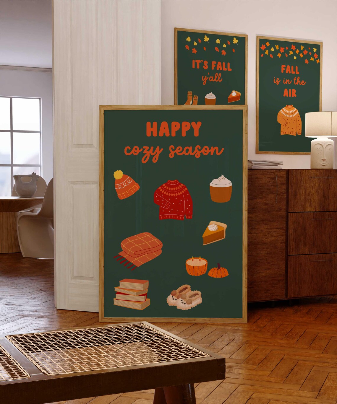 Happy Cozy Season Fall Icons Pumpkin Blanket Dark Green Poster - Image 3