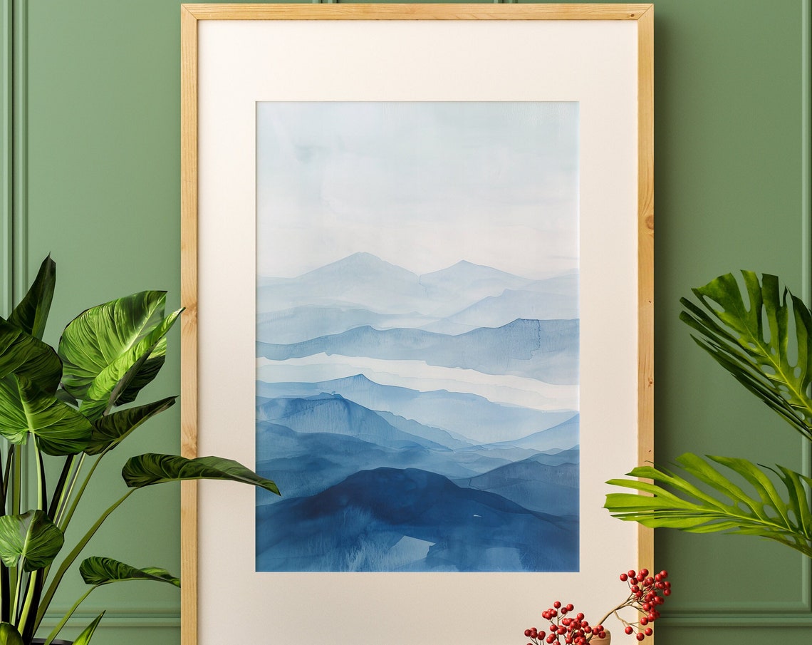 Blue Mountain Layers Watercolor Misty Ridges Calm Art Poster - Image 4