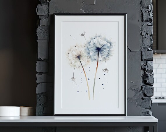 Dandelion Seed Heads Watercolor Two Stems with Floating Seeds Art Poster