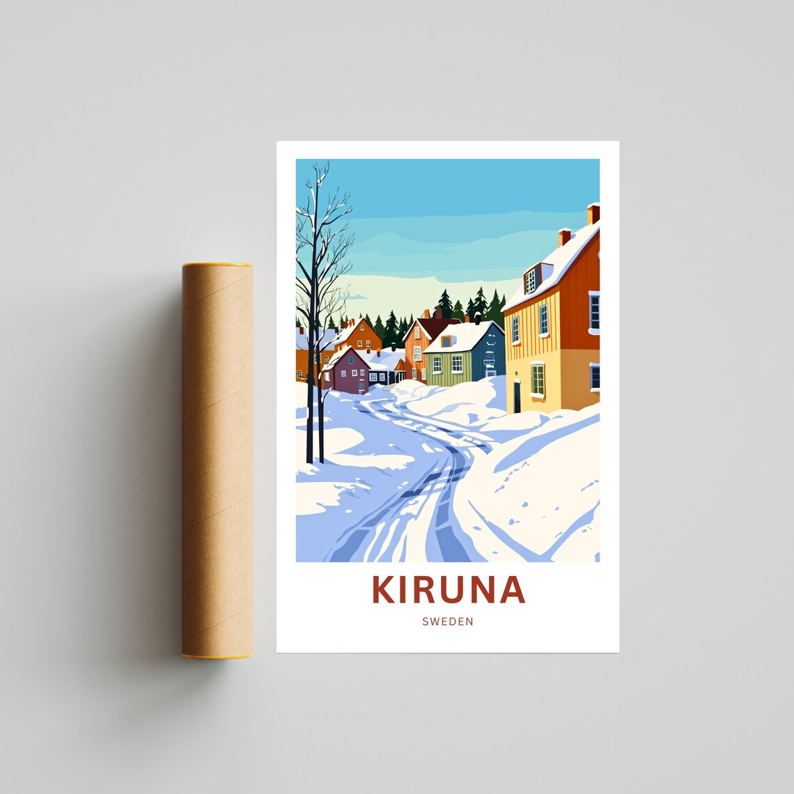 Kiruna Sweden Snowy Street Houses Blue Sky Personalized Poster - Image 4