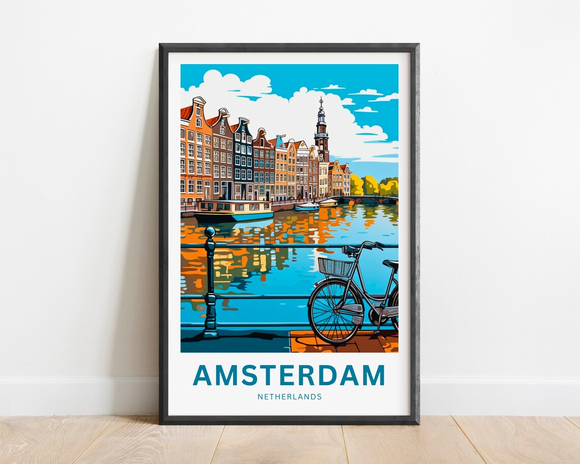 Amsterdam Netherlands Canal Houses Bicycle Cityscape Travel Poster