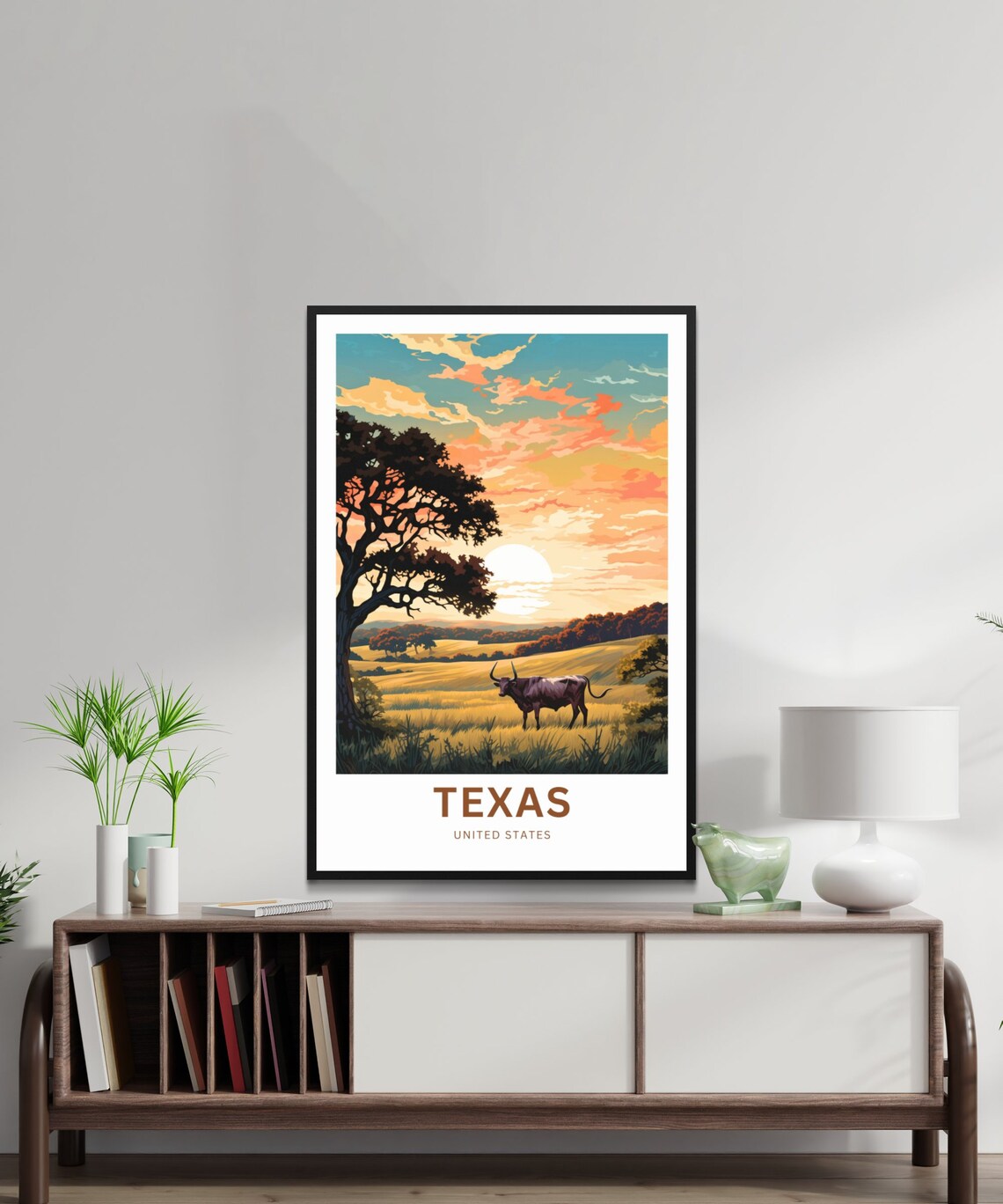 Texas Longhorn Golden Field Sunset Vintage Western Travel Poster - Image 2