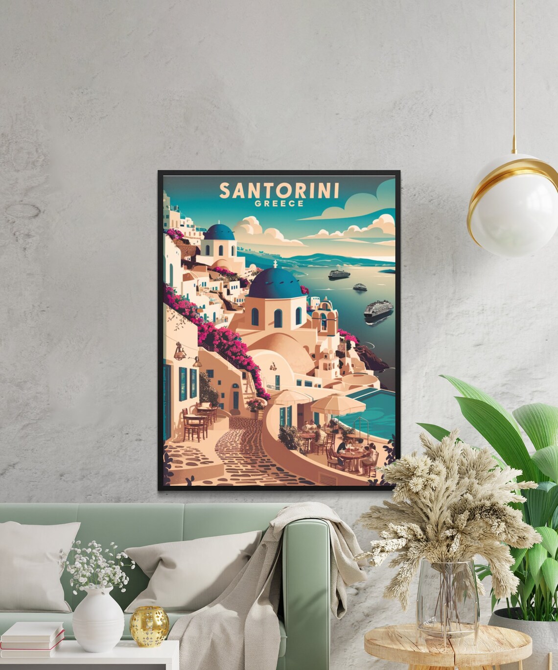 Santorini Greece Vintage Blue Domes Aegean Village Scenic Poster - Image 3