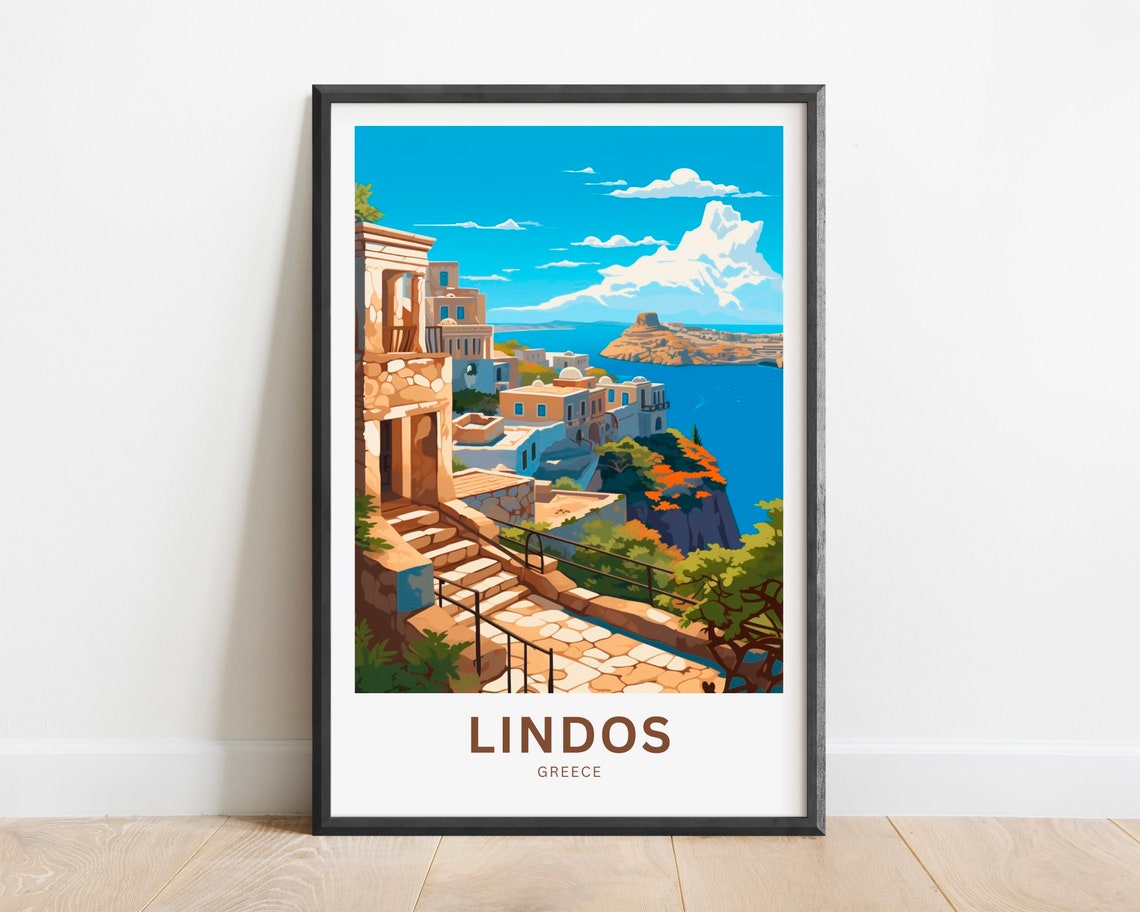 Lindos Greece Ancient Stone Steps Blue Bay Overlook Travel Poster