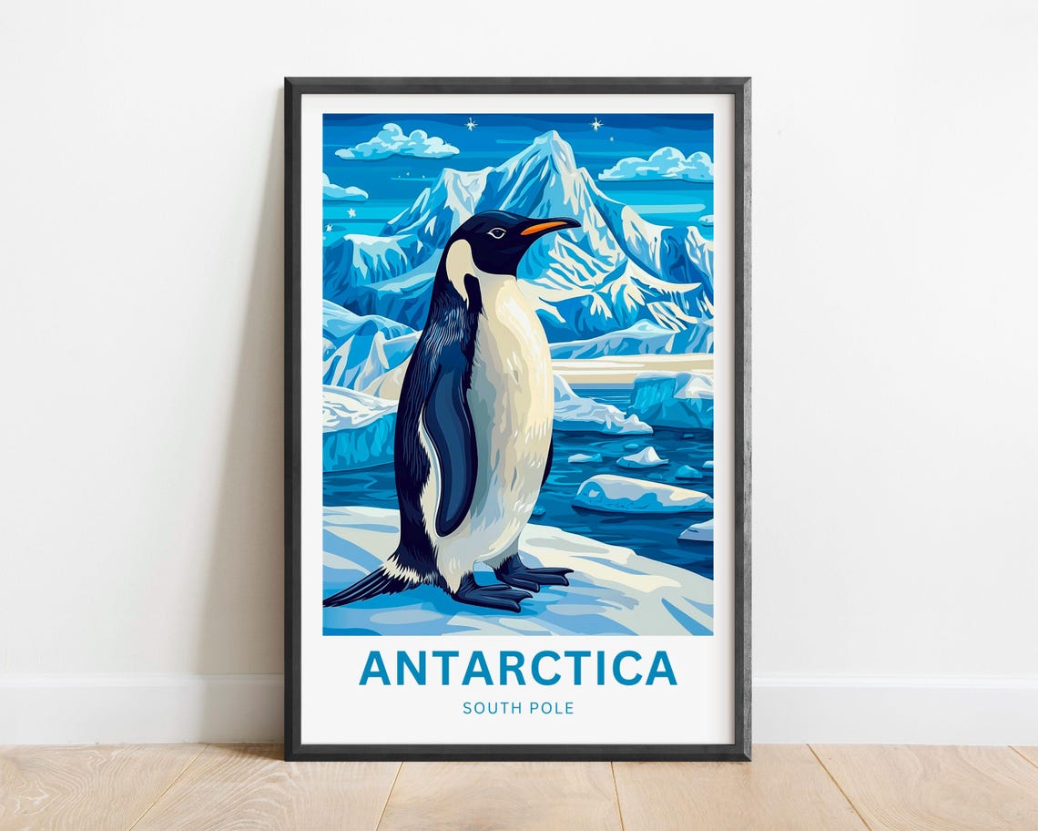 Antarctica South Pole King Penguin on Ice Before Snowy Peaks Poster