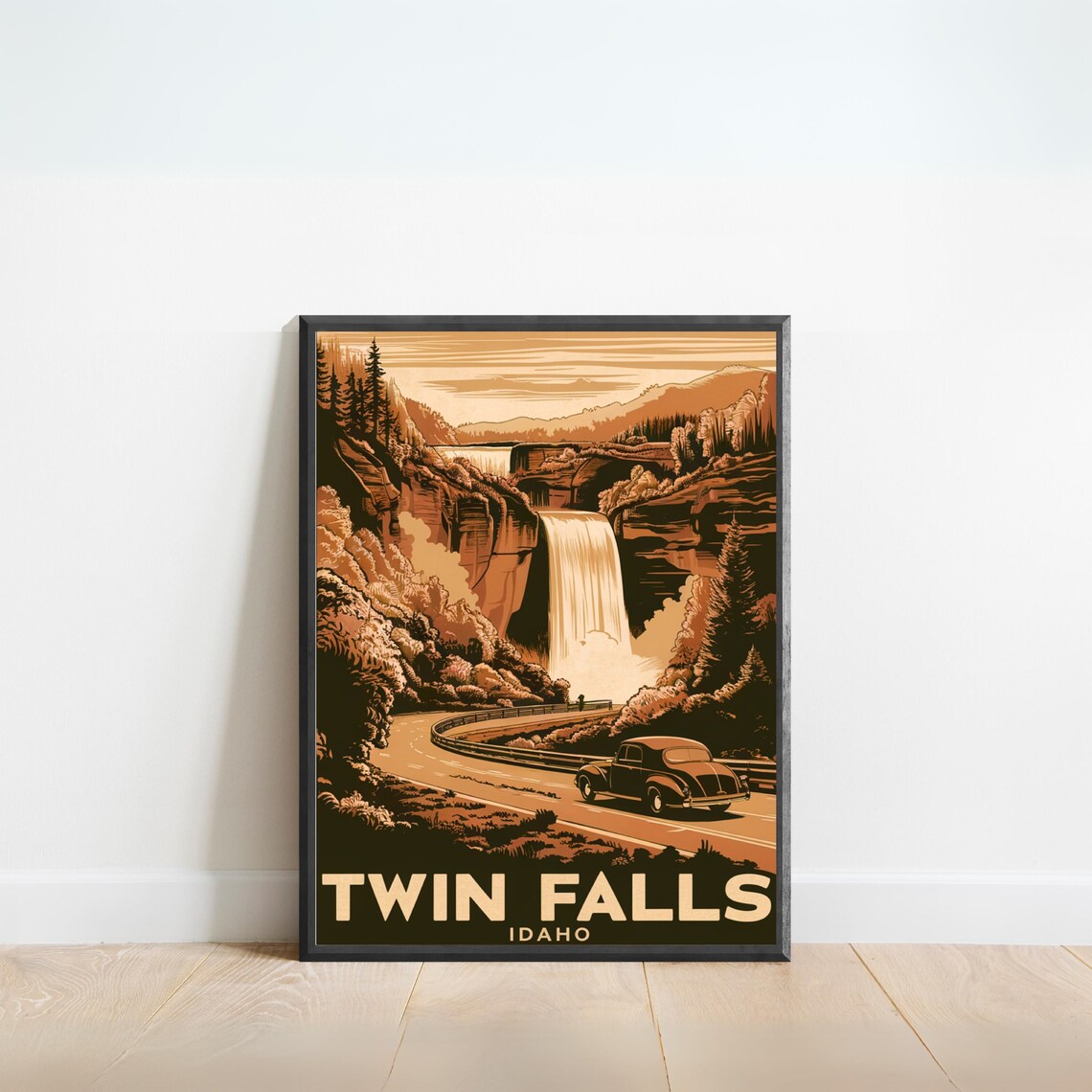 Twin Falls Idaho Sepia Waterfall Classic Car Vintage Travel Poster