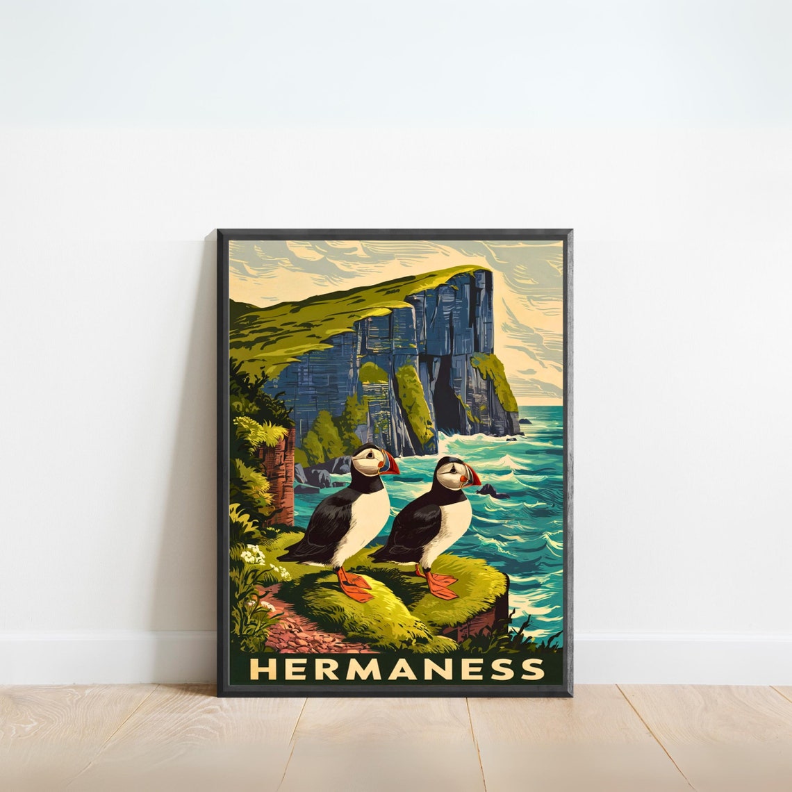 Hermaness Vintage Travel Style Puffins on Sea Stack Cliffs Poster