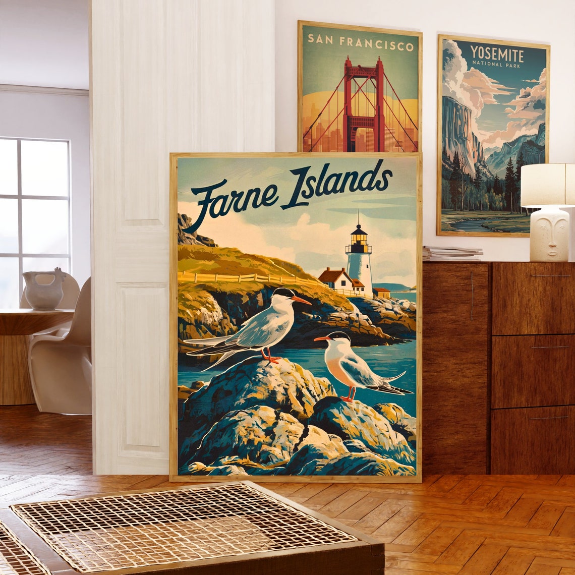 Farne Islands Vintage Arctic Terns Before Lighthouse Rocks Poster - Image 5