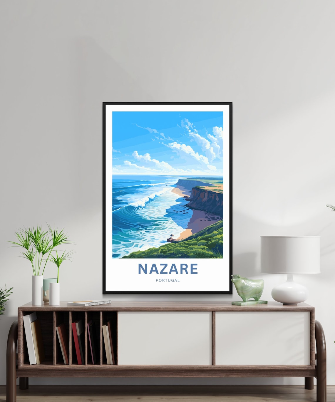 Nazare Portugal Giant Waves Green Cliff Shoreline Scene Poster - Image 2