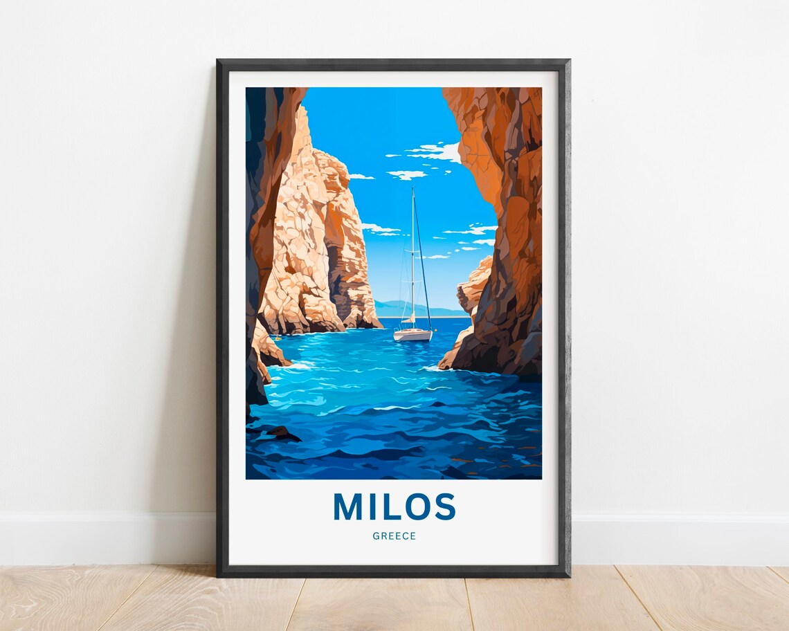 Milos Greece Red Rock Sea Cove Sailboat Blue Water Travel Poster