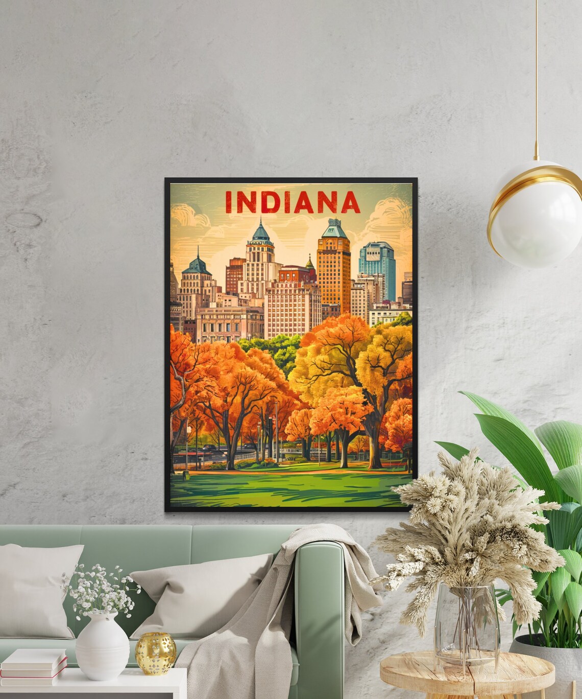Indiana Retro City Skyline Autumn Trees Warm Fall Travel Poster - Image 2