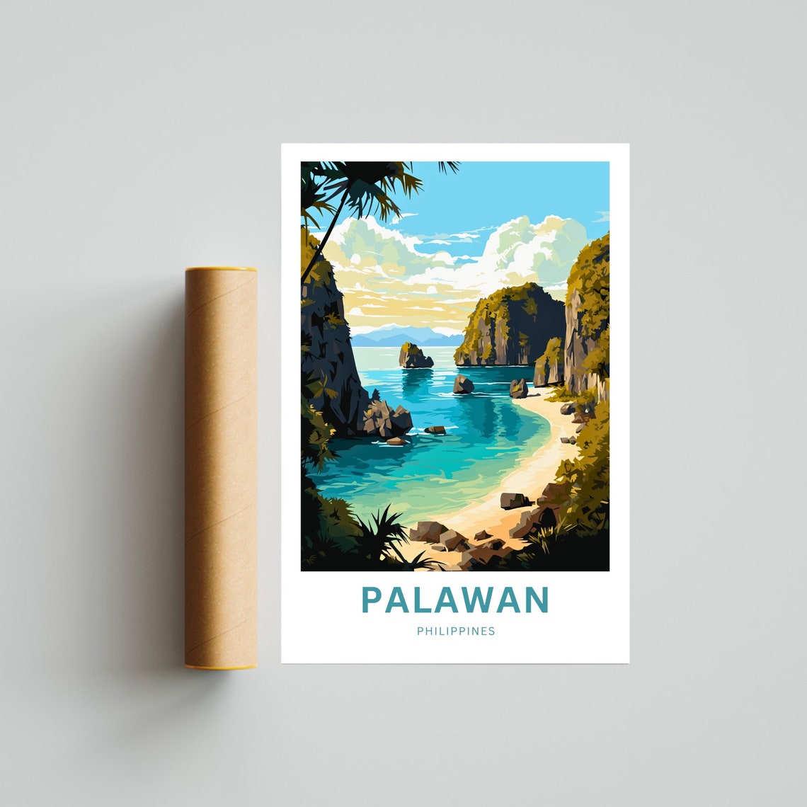 Palawan Philippines Travel Poster Hidden Lagoon Karst Cliffs Beach Art - Image 4