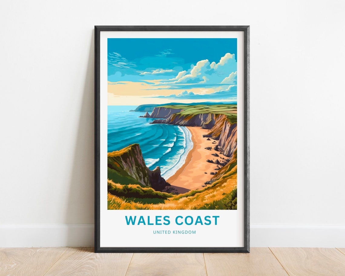Wales Coast United Kingdom Red Cliffs Sandy Beach Sunset Travel Poster
