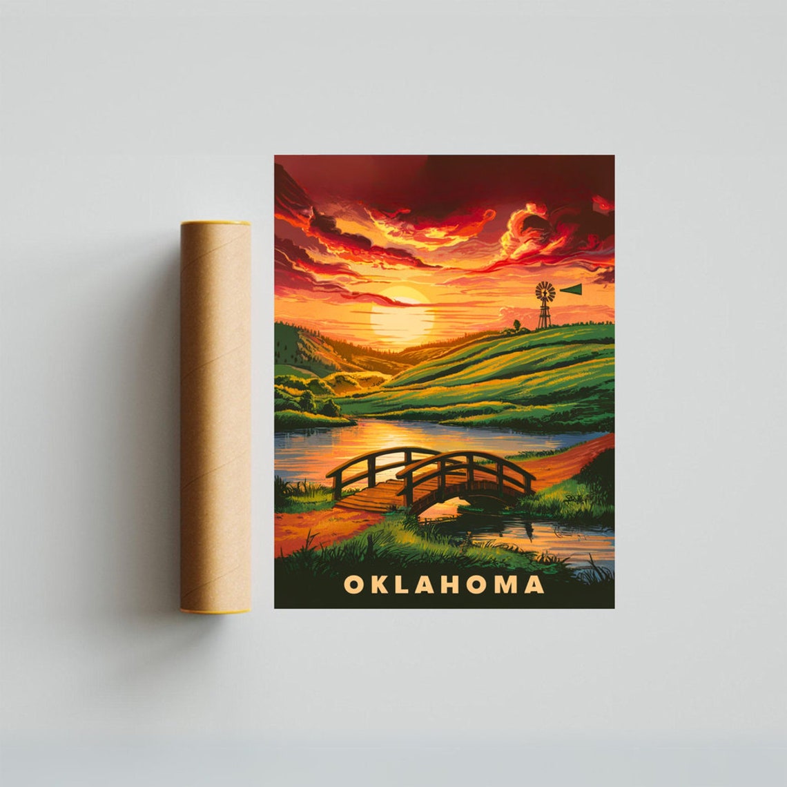 Oklahoma Vintage Sunset Windmill Rolling Hills Travel Poster - Image 4