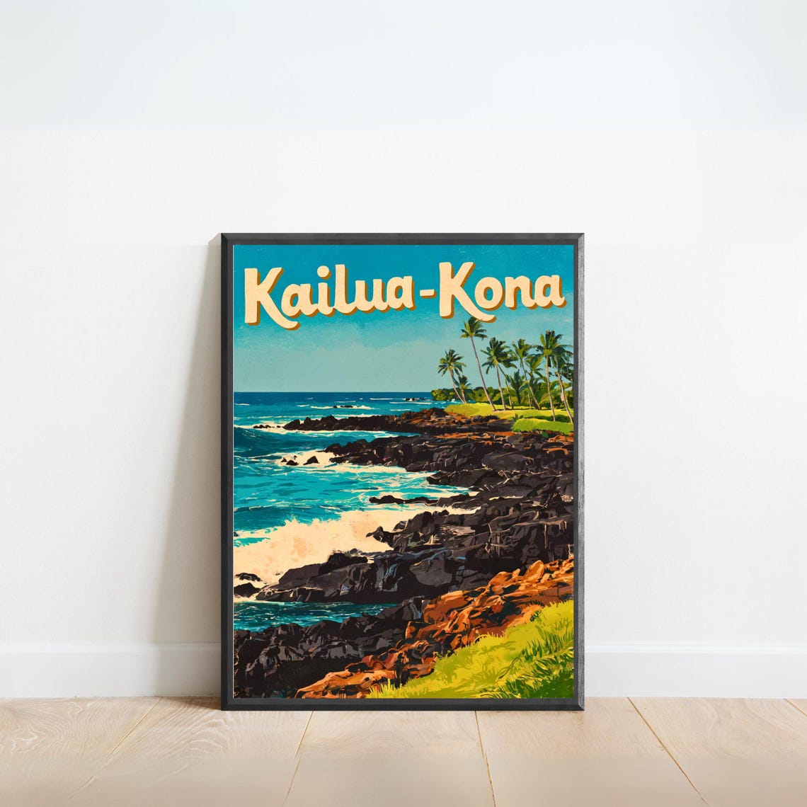 Kailua Kona Hawaii Vintage Rocky Shore Palm Sunset Travel Poster