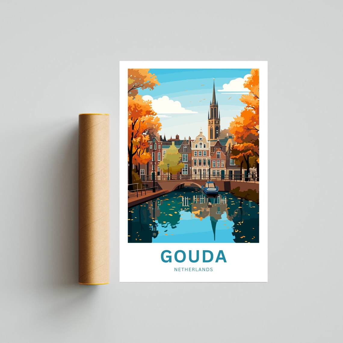 Personalized Gouda Netherlands Autumn Canal Church Tower Poster - Image 4