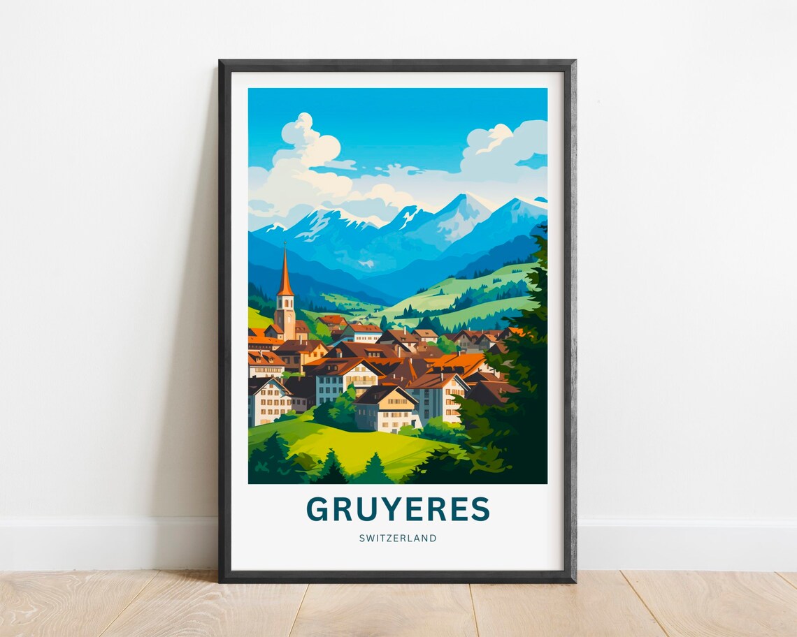 Gruyeres Switzerland Alpine Village Mountain Retro Travel Poster