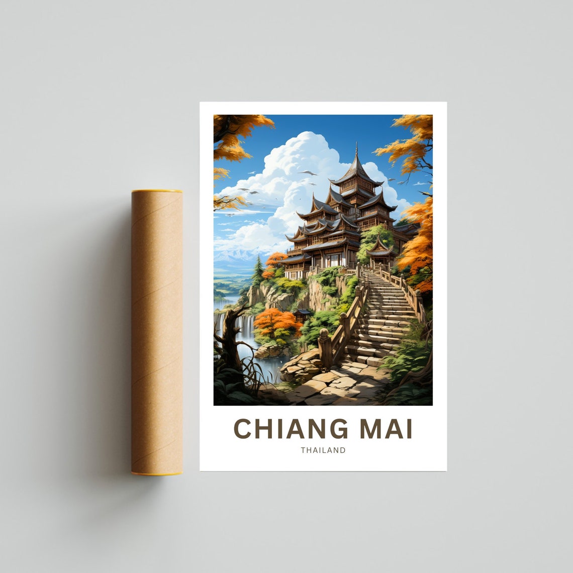 Chiang Mai Thailand Temple Cliff Staircase Waterfall Travel Poster - Image 4